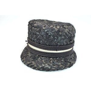 1950s Black Straw Netted White Satin Accented Union Made Cloche Hat